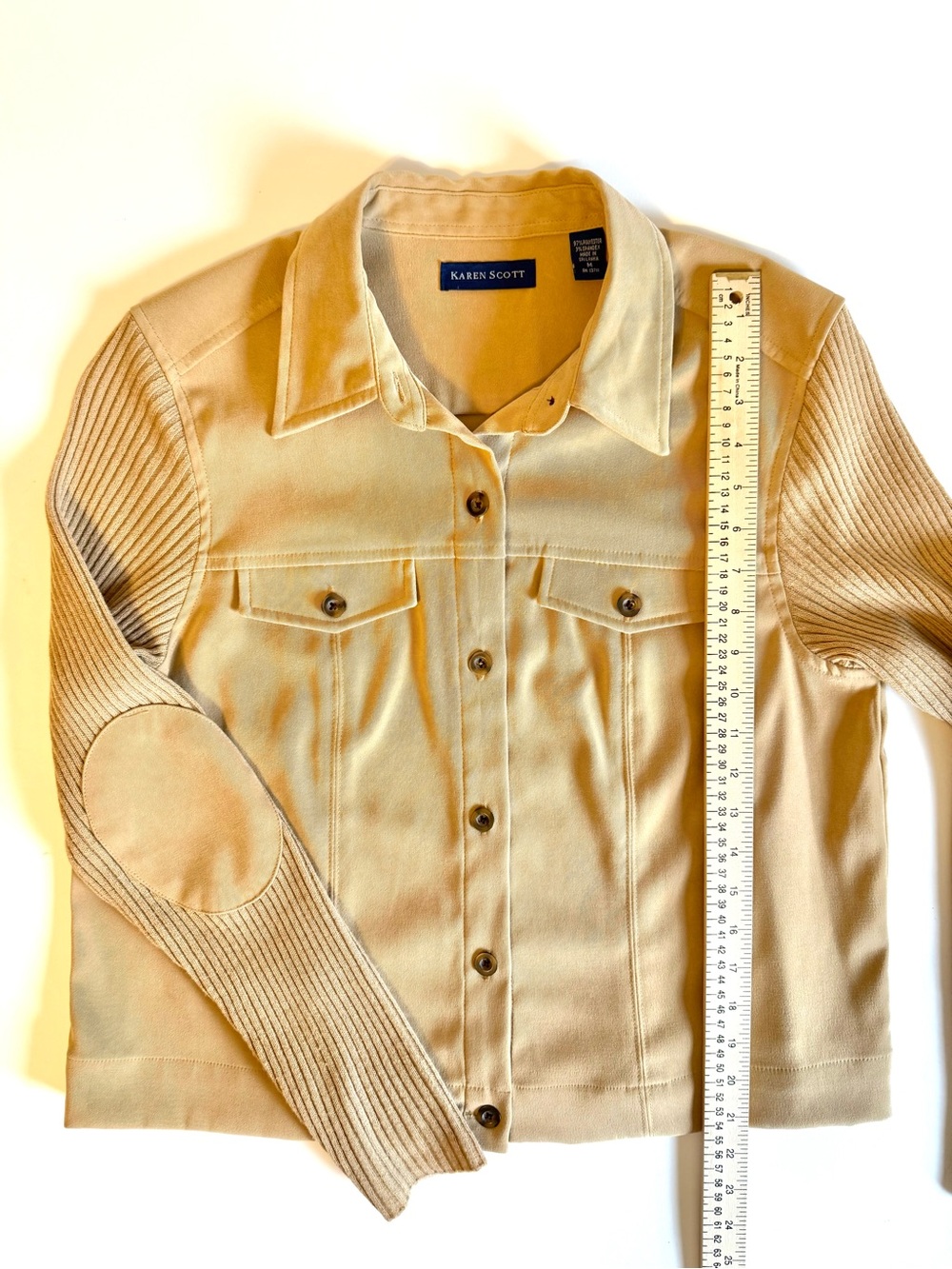 Karen Scott Mixed Media Faux Suede Camel Ribbed Knit Sleeve Shacket Jacket M - Picture 8 of 10